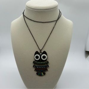 Antique Gold Segmented Long Multicolor Boho Owl Pendant Necklace
